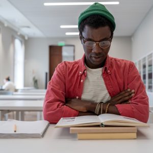 Study concentrated mixed race student male prepares for important college library scholarship test